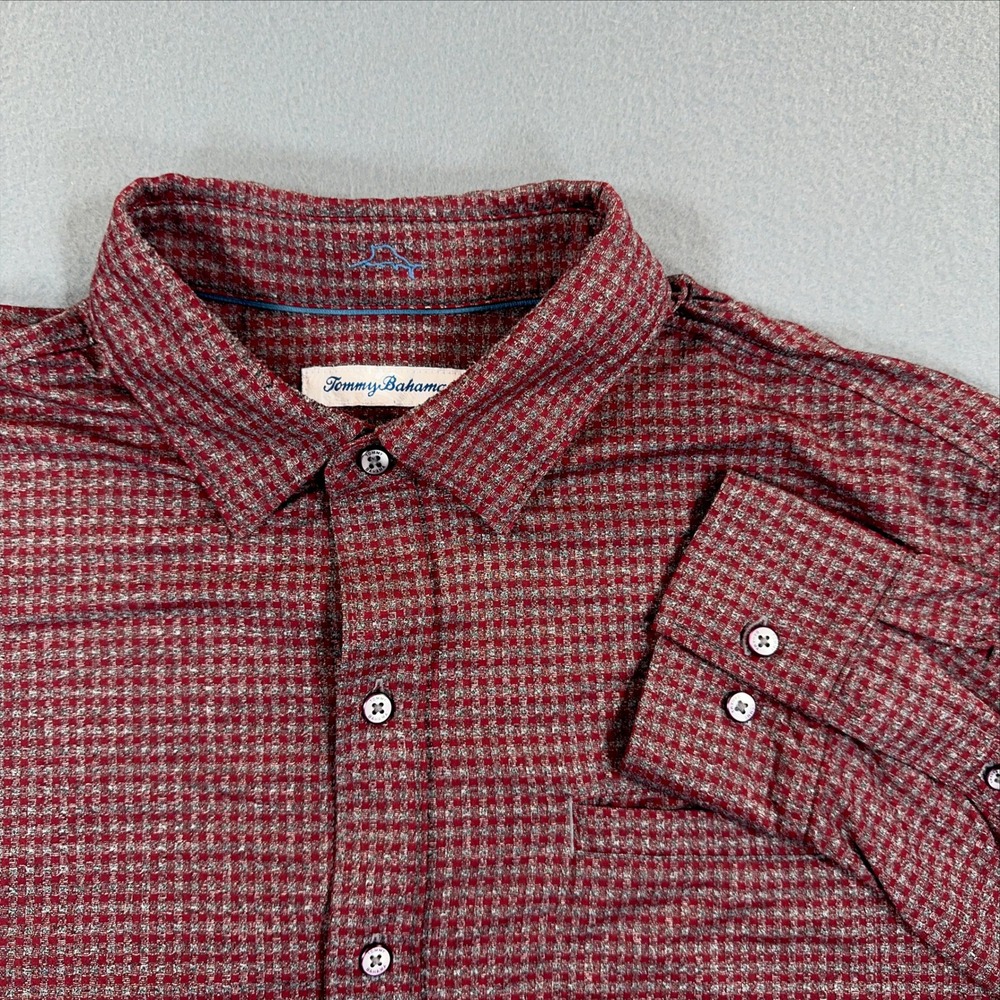 Tommy Bahama Mens Large Red Grey Micro Check Button Down Shirt Stretch